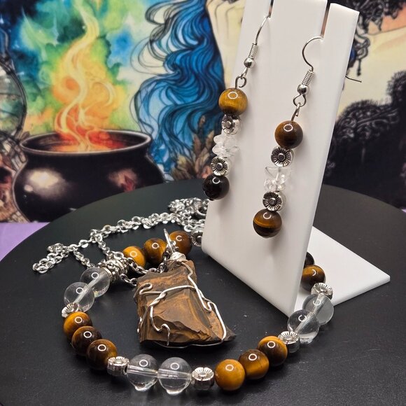 Tiger's Eye Clear Quartz Gemstone Beaded Flower Charm Jewelry Set - Picture 6 of 8